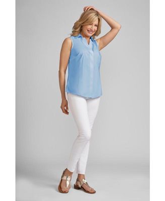 Caroline Sleeveless Button Front No Iron Blouse with Collar and V Neck Placket