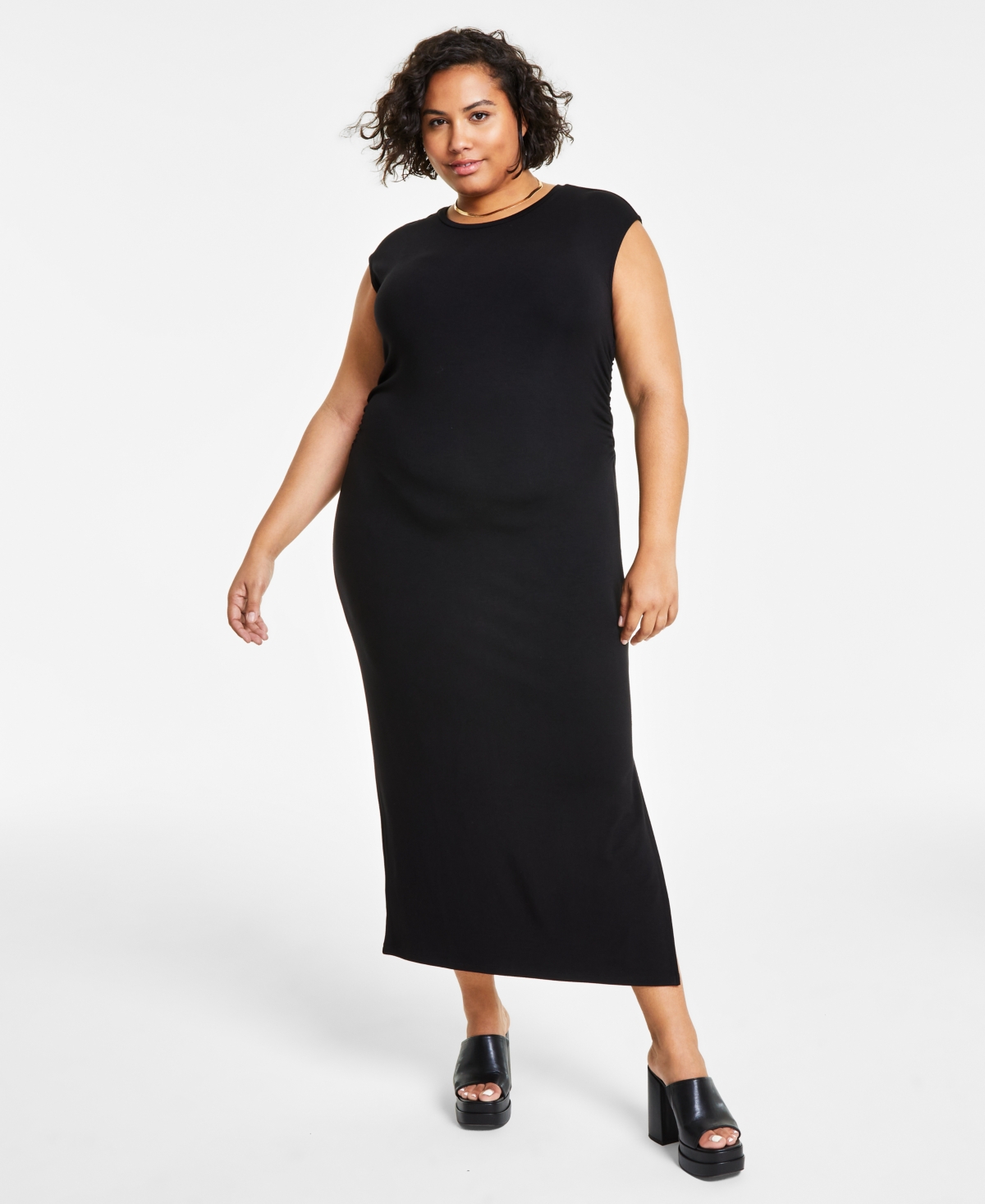 Trendy Plus Size Crewneck Sleeveless T-Shirt Dress, Created for Macy's - Deep Black
