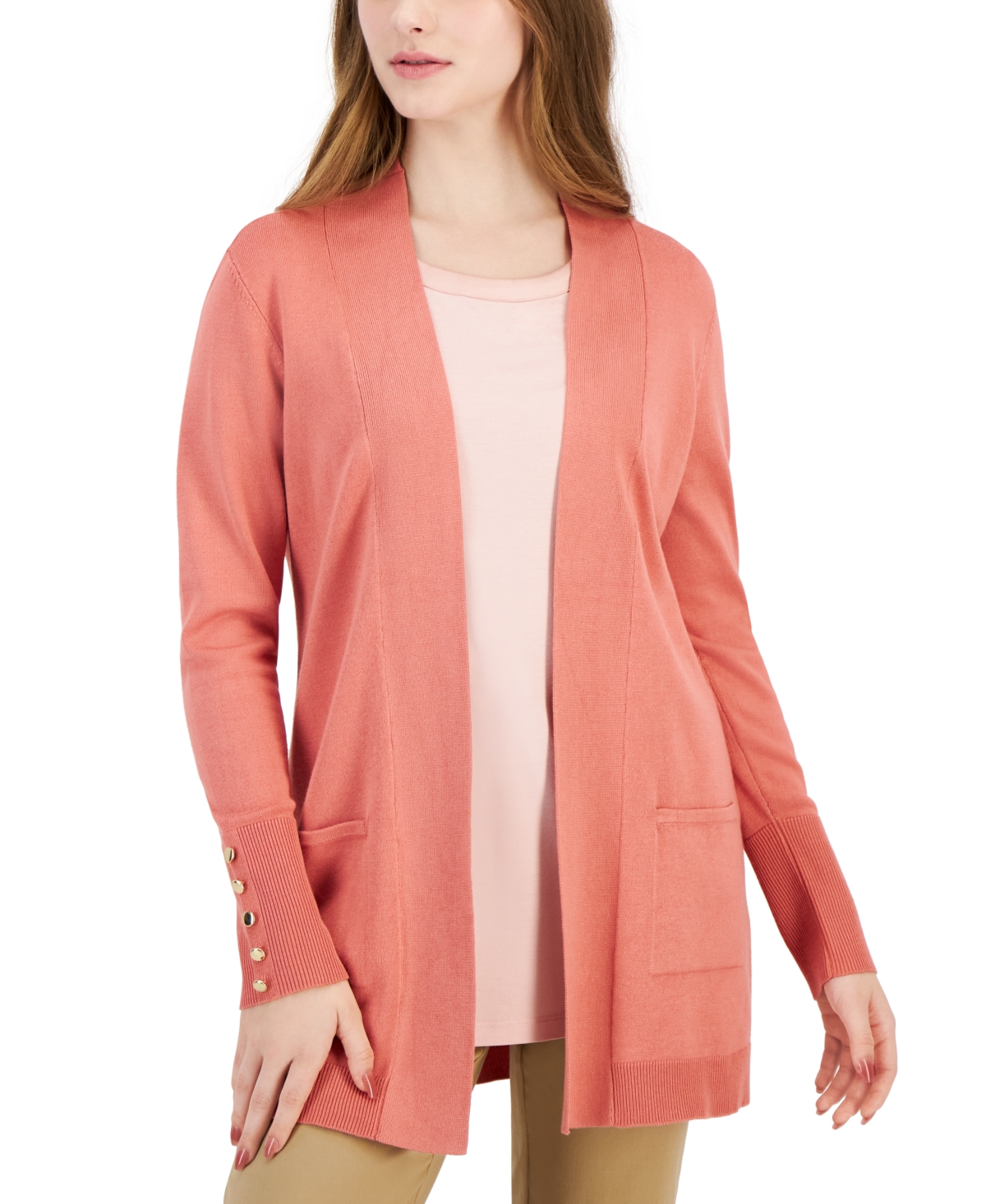 Jm Collection Petite Open-front Button-cuff Cardigan, Created For Macy's In Burnt Brick