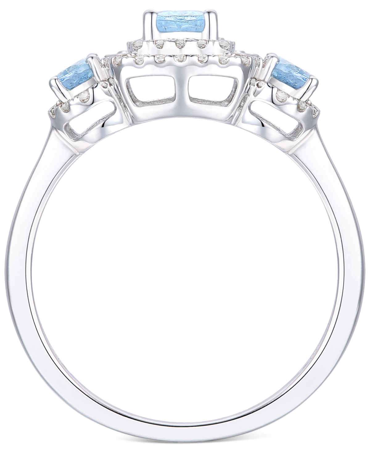 Santa Maria(7/8 ct. t.w.) & Diamond (1/3 ct. t.w.) Three Stone Halo Ring in 14k White Gold - Aquamarine