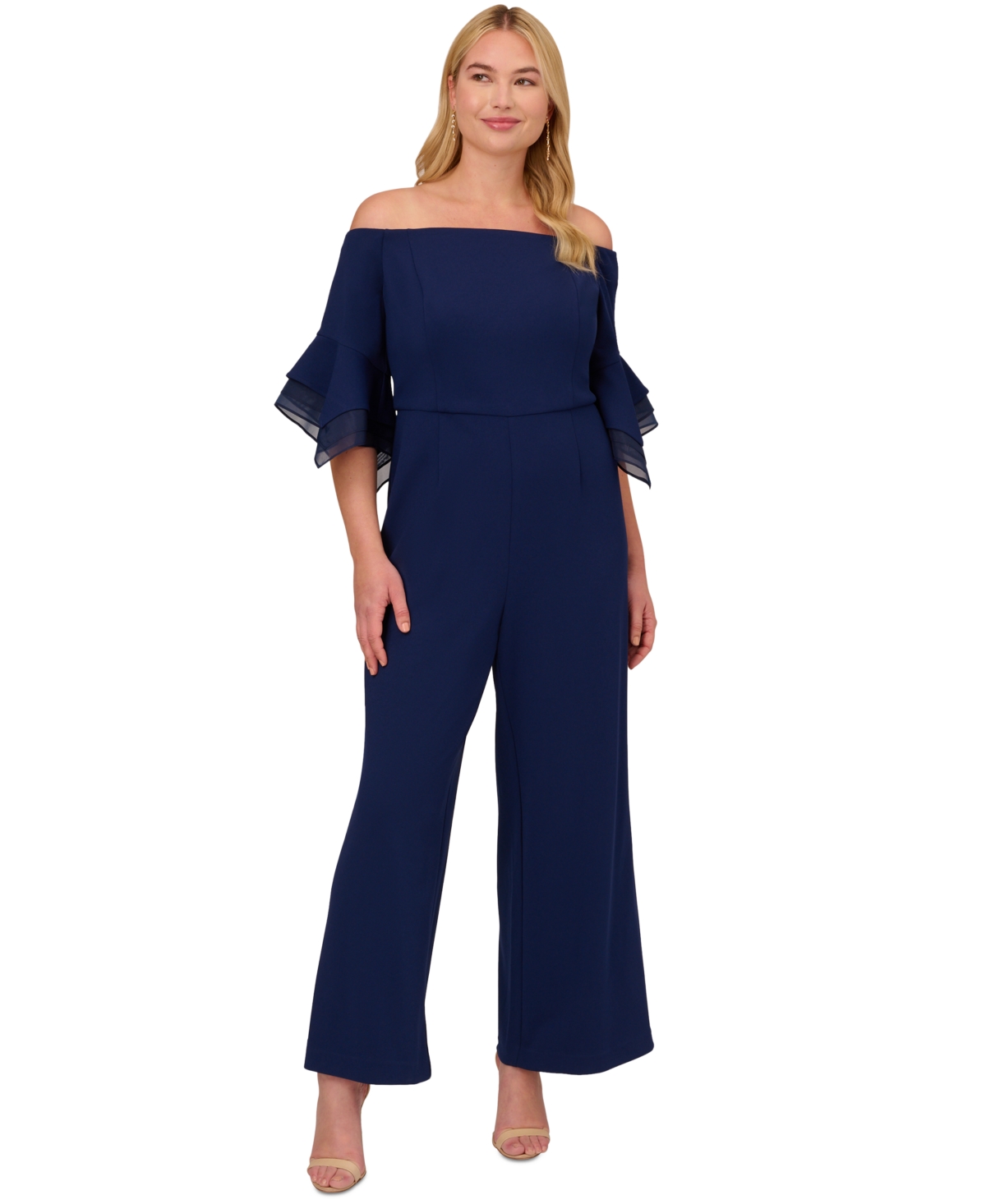 Plus Size Off-The-Shoulder Organza-Sleeve Jumpsuit - Navy Sateen