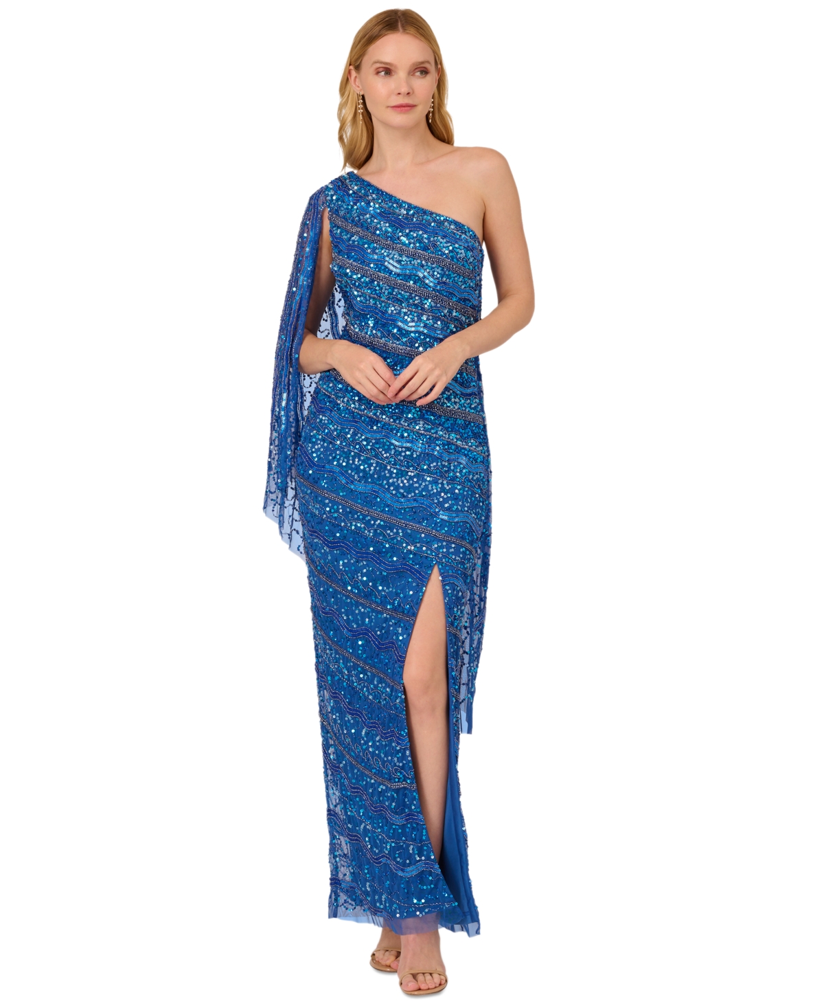 Adrianna Papell Women's Beaded One-shoulder Dress In Blue Horizon
