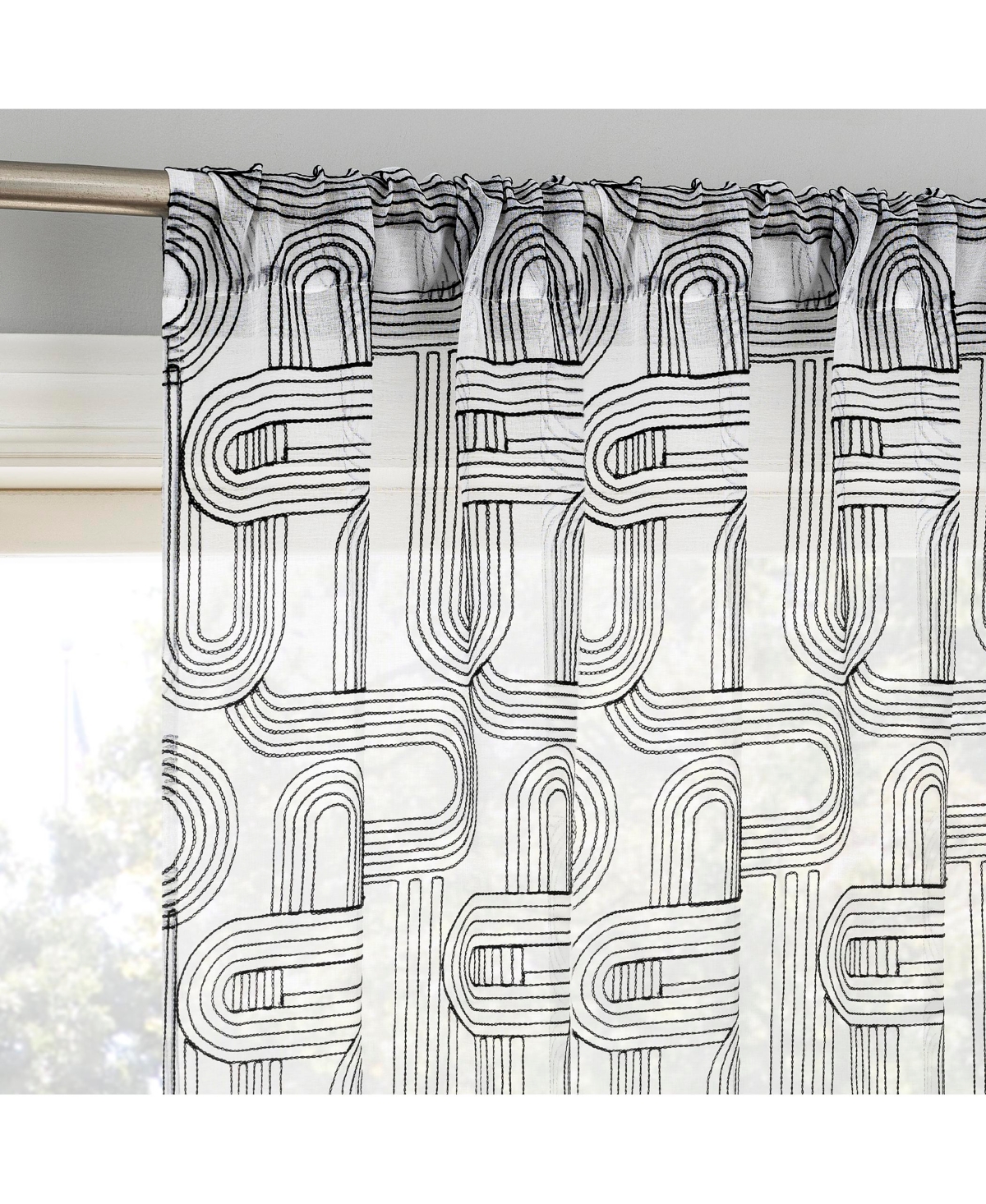 Kaz Embroidered Retro Curves Sheer Rod Pocket Curtain Panel - Black/white