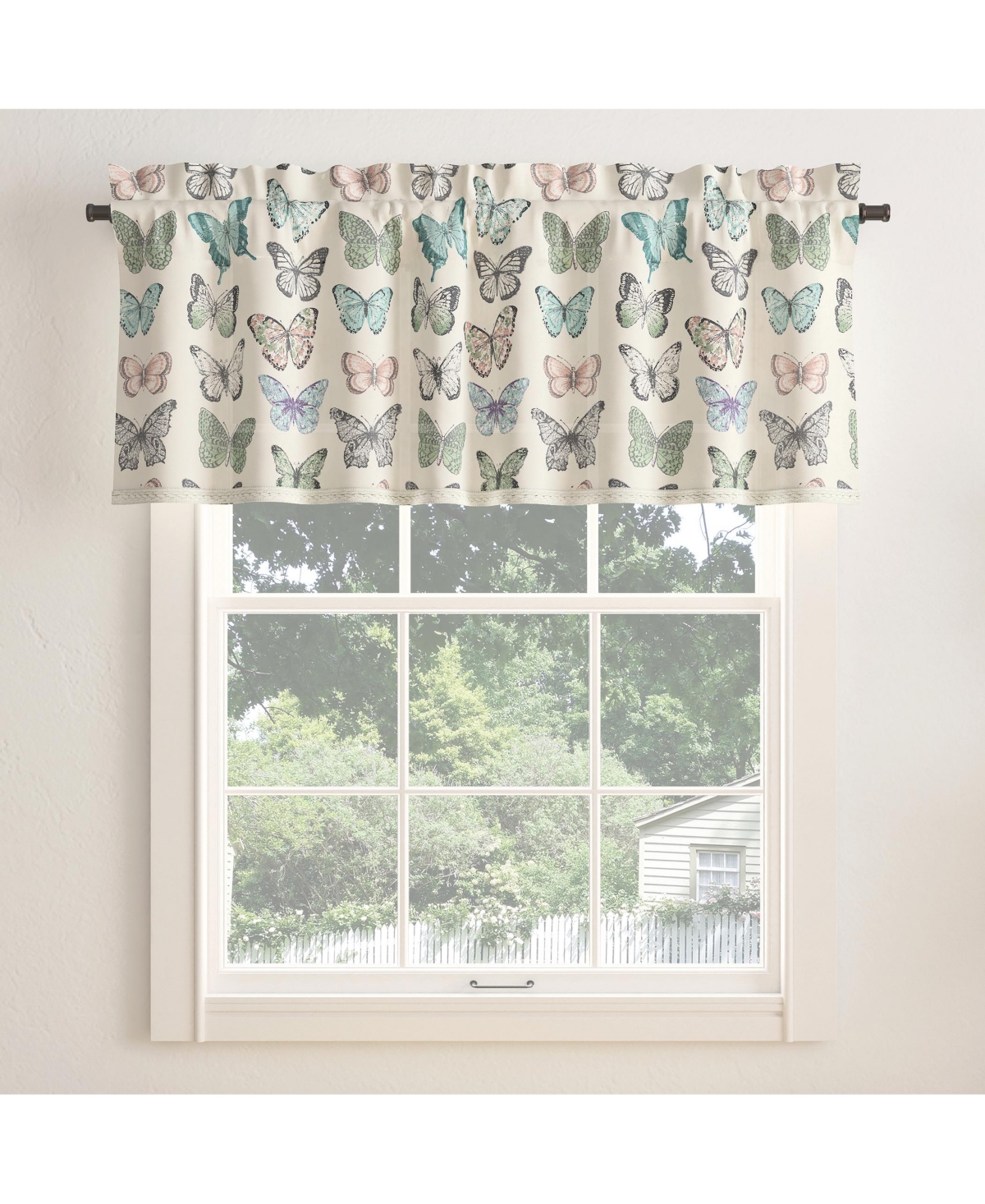 Marepesia Butterfly Print Embroidered Trim Semi-Sheer Rod Pocket Curtain Valance - Blue