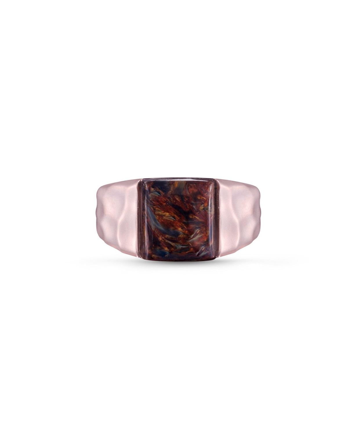 Red Pietersite Gemstone Hammered Texture Rose Gold Plated SIlver Men Signet Ring - Pink