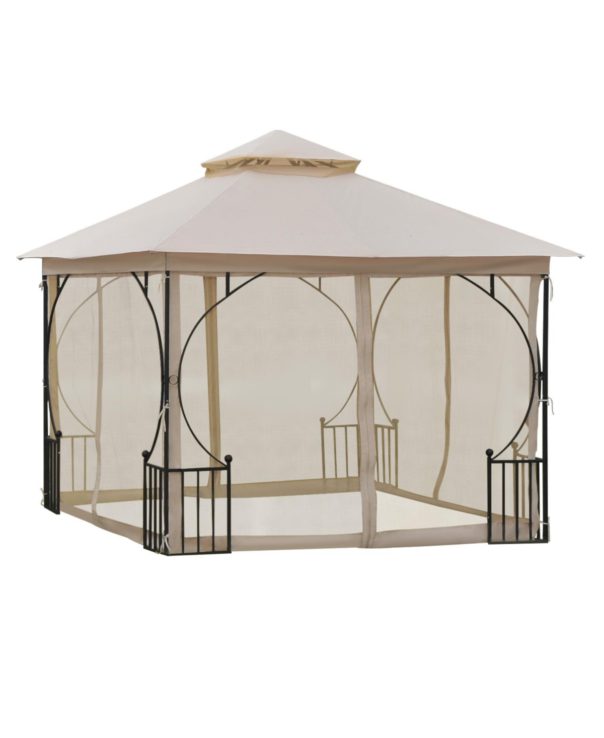 10' x 10' Patio Gazebo, Outdoor Canopy Pavilion with Mesh Netting Sidewalls, 2-Tier Polyester Roof, & Steel Frame, Beige - Beige