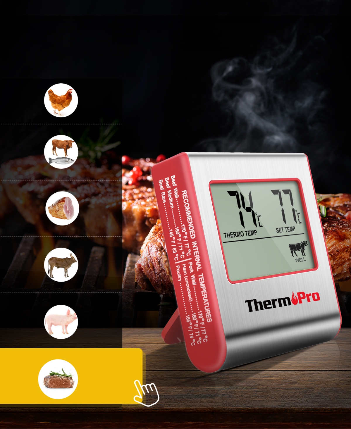 Shop Thermopro Pack Of 1 Tp16w Digital Meat Cooking Smoker Kitchen Grill Bbq Thermometer In Silver