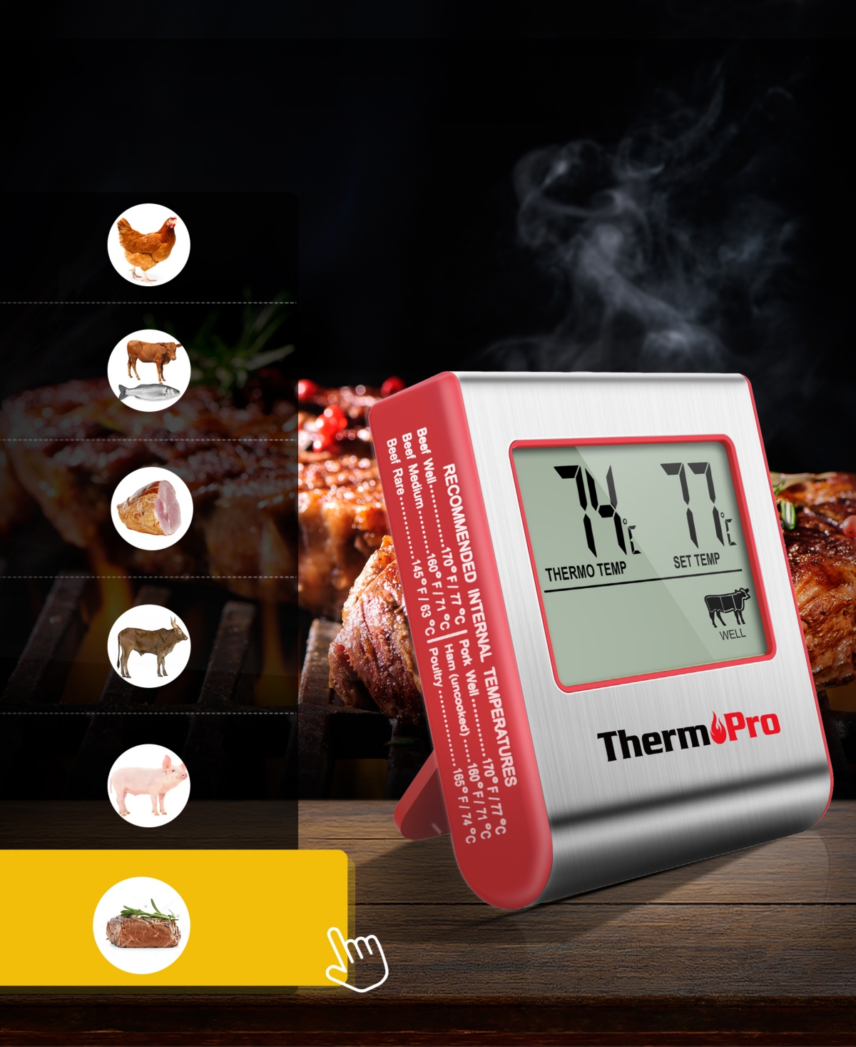 Thermopro Pack Of 1 Tp16w Digital Meat Cooking Smoker Kitchen Grill Bbq Thermometer In Silver