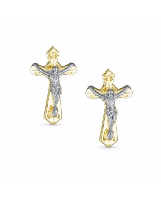 Tiny Minimalist Christian Religious Jesus Gold Crucifix Cross Two Tone Yellow 14K Gold Stud Earring Safety Screw Back