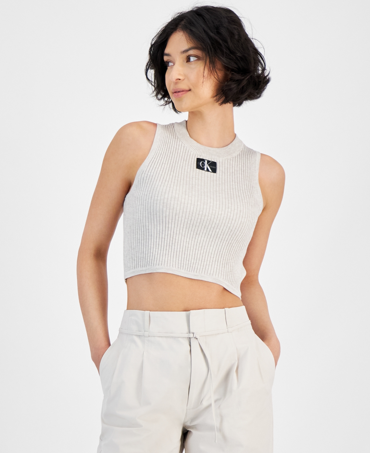 Shop Calvin Klein Jeans Est.1978 Women's Ribbed Angled-hem Cropped Logo Top In Cortado Heather