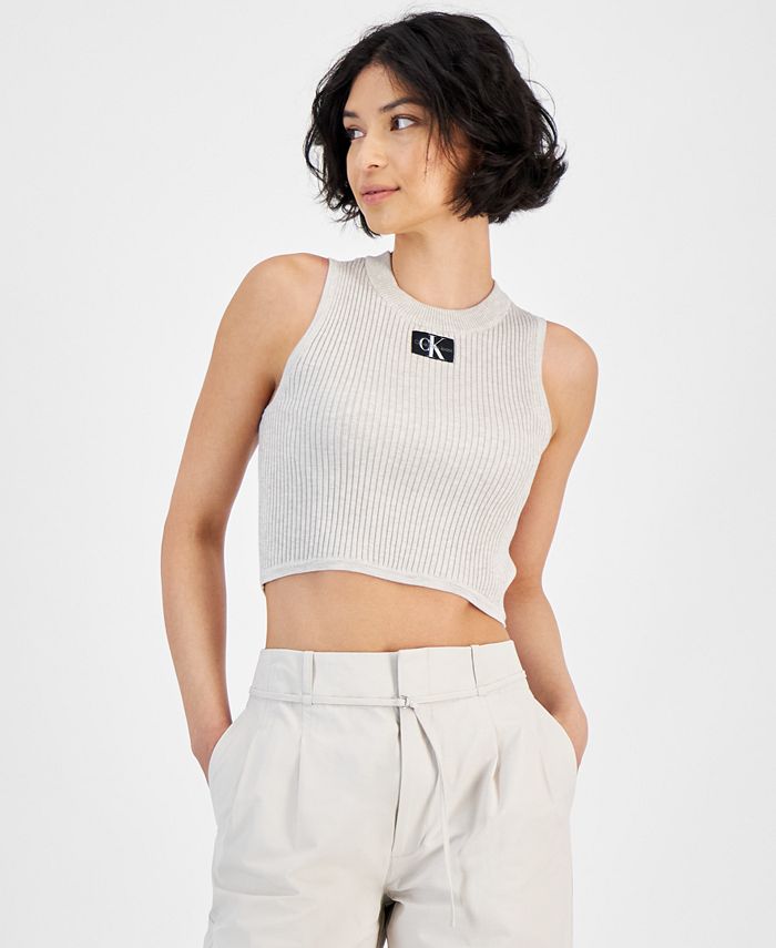 Calvin Klein Jeans Women's Ribbed Angled-Hem Cropped Logo Top - Macy's