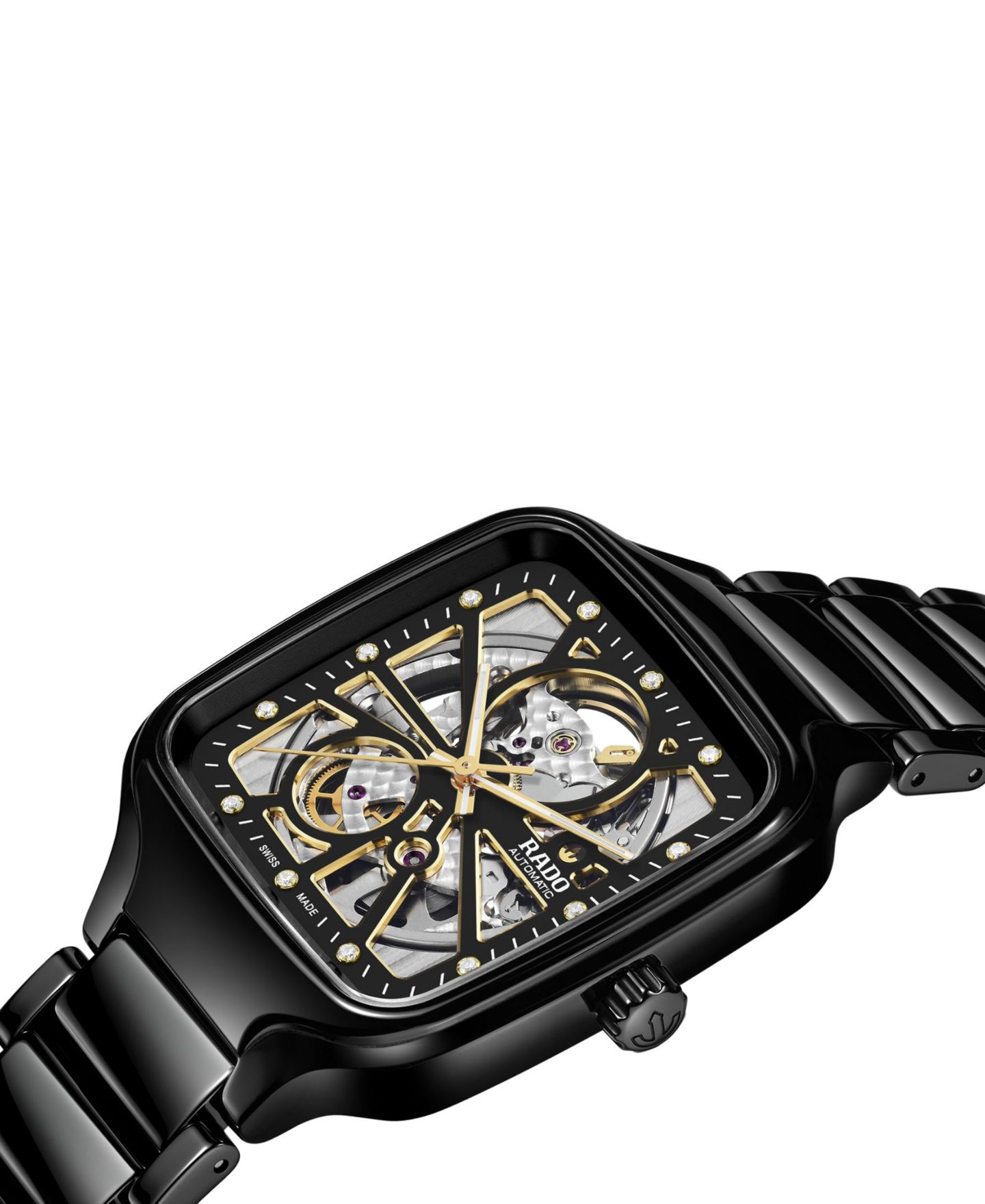Часы Rado Unisex Swiss Automatic True Square Open Heart Diamond (1/10 ct. t.w.) Black Ceramic Bracelet Watch 38mm, цвет: Skeleton — фото 2