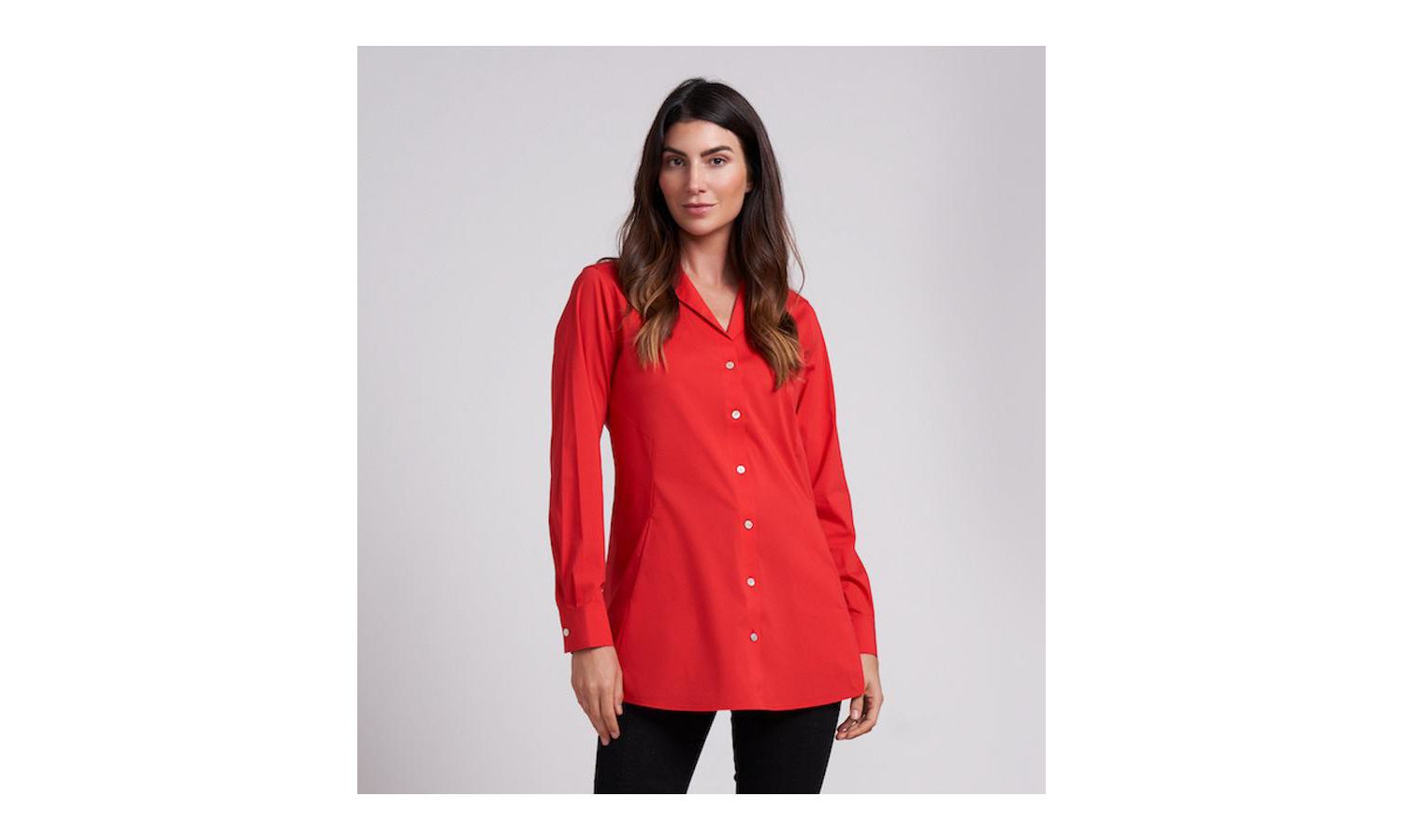 Women's Charlotte Long Button Front Peplum Low Iron Blouse with Popped Collar