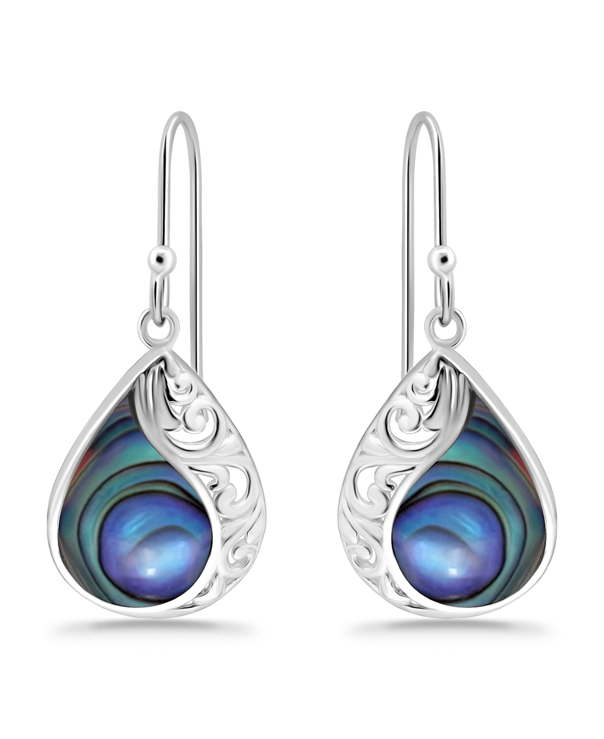 Macy's Abalone Inlay Teardrop Filigree Fishhook Earrings In Silver