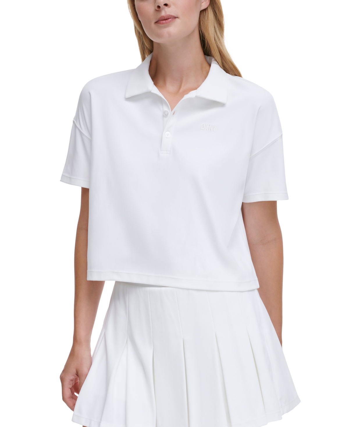Shop Dkny Sport Women's Tech Pique Short-sleeve Cropped Polo Shirt In White