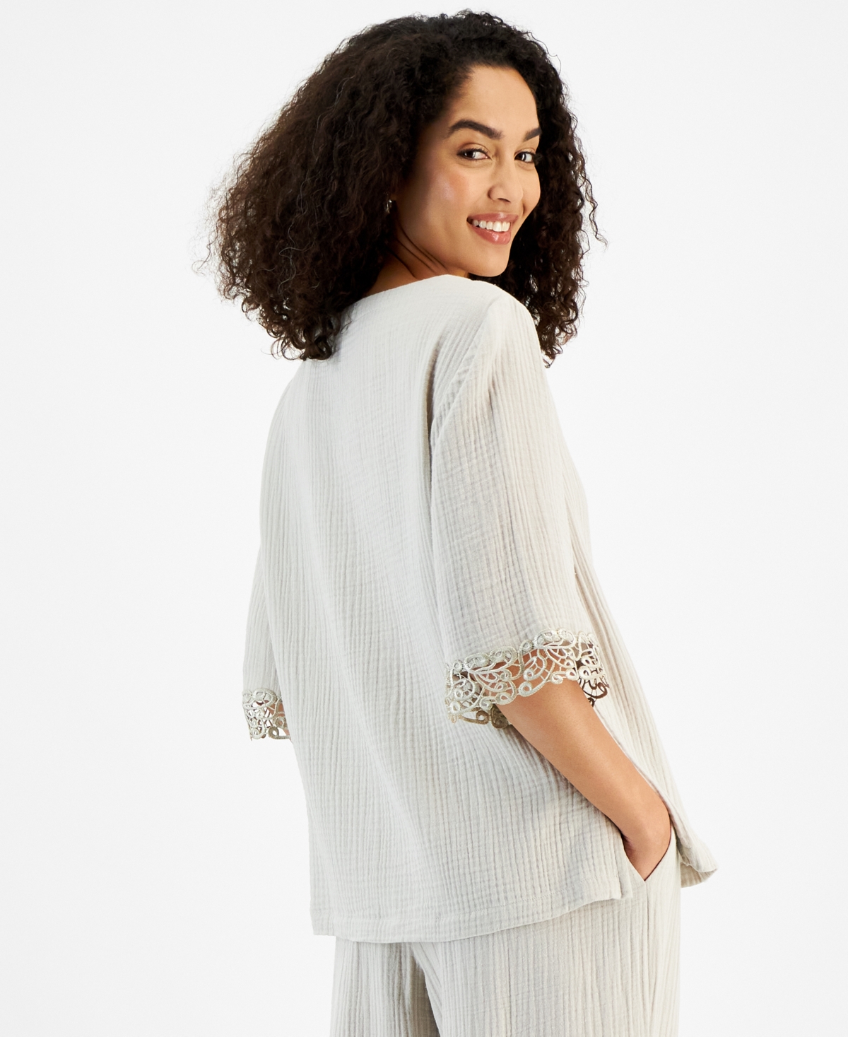 Shop Jm Collection Petite Cotton Dolman-sleeve Sweater In Stone Wall