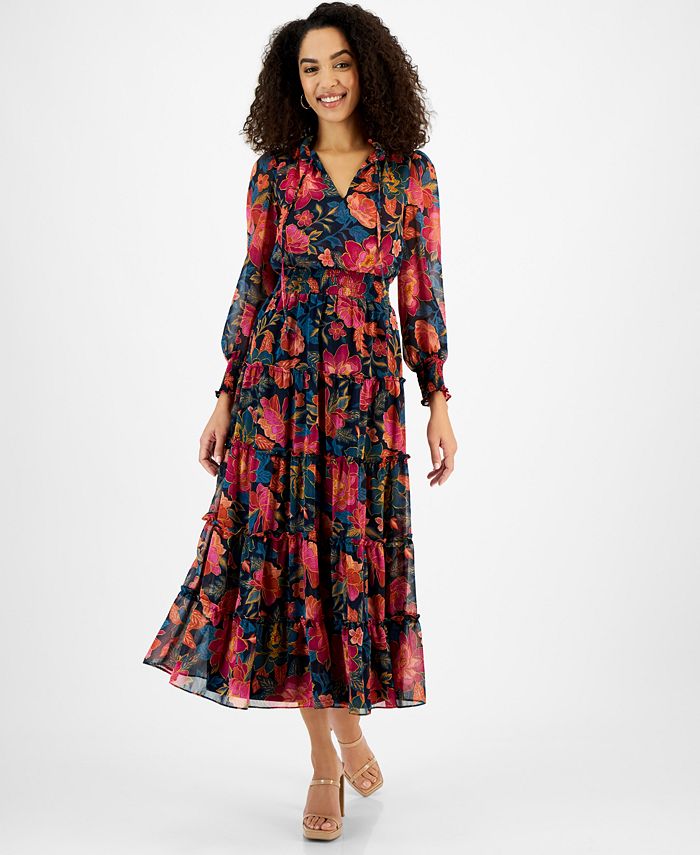 MSK Women's Floral-Print Smocked Tiered Maxi Dress - Macy's
