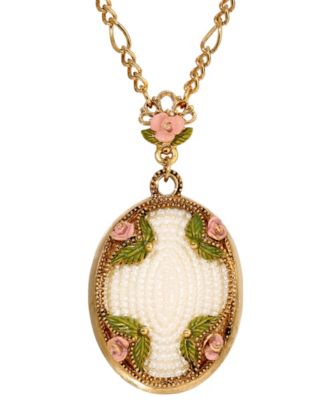 Imitation Pearl Pink Enamel Flower Long Pendant Necklace