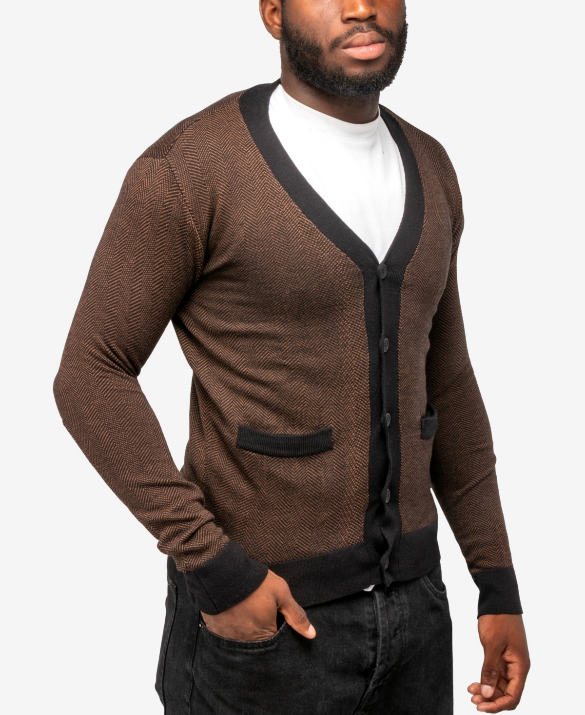 X-Ray Men's Herringbone Cardigan Sweater - Sienna-Black