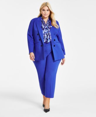 Plus Size Compression Faux Double Breasted Blazer Raindrop Print Tie Neck Sleeveless Top Compression Straight Leg Pants Created For Macys