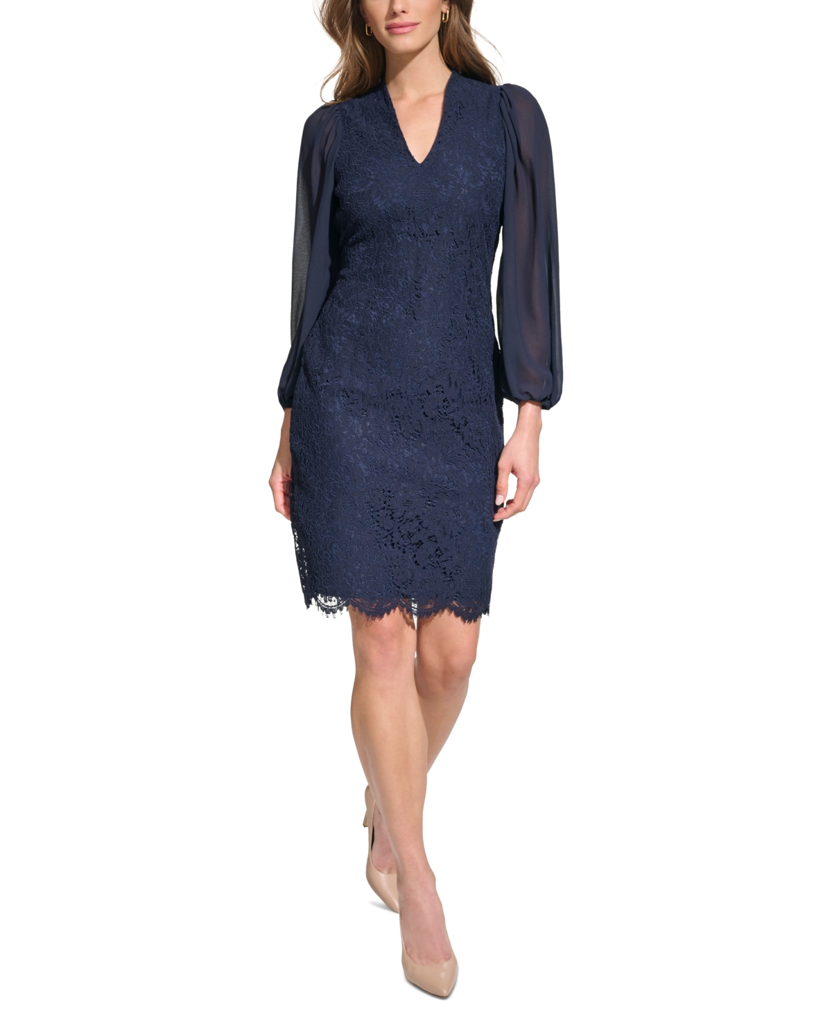 Vince Camuto Women's Lace Long-sleeve Bodycon Dress In Navy