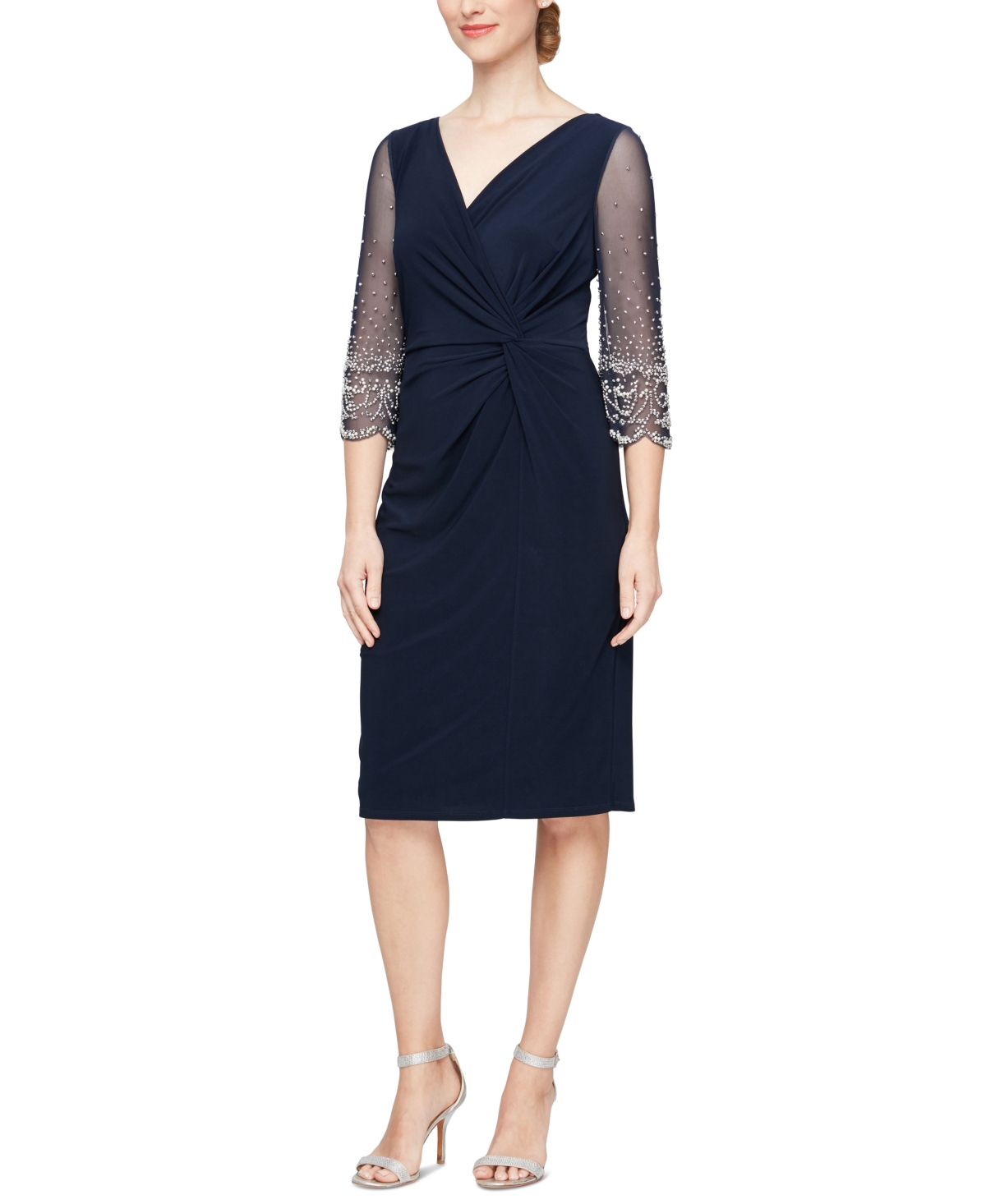 Shop Alex Evenings Women's Beaded-sleeve Twist-front Dress In Dark Navy