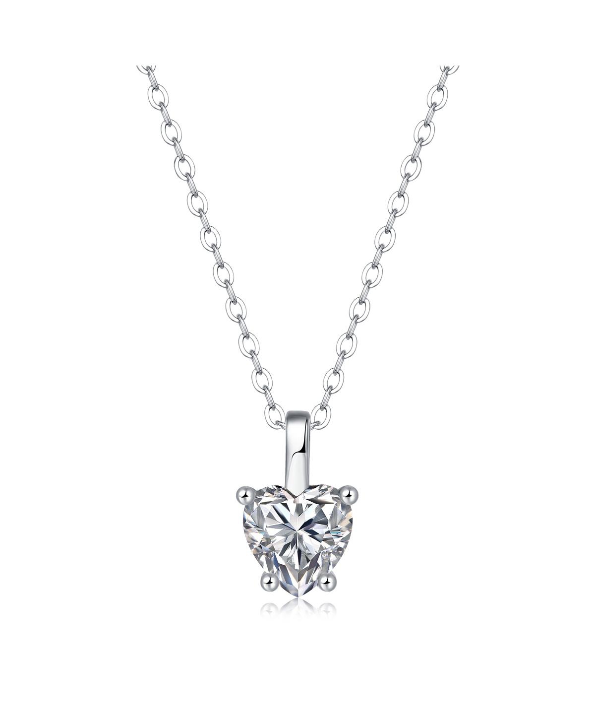 Sterling Silver White Gold Plated with 1ct Lab Created Moissanite Heart Solitaire Pendant Necklace - Silver