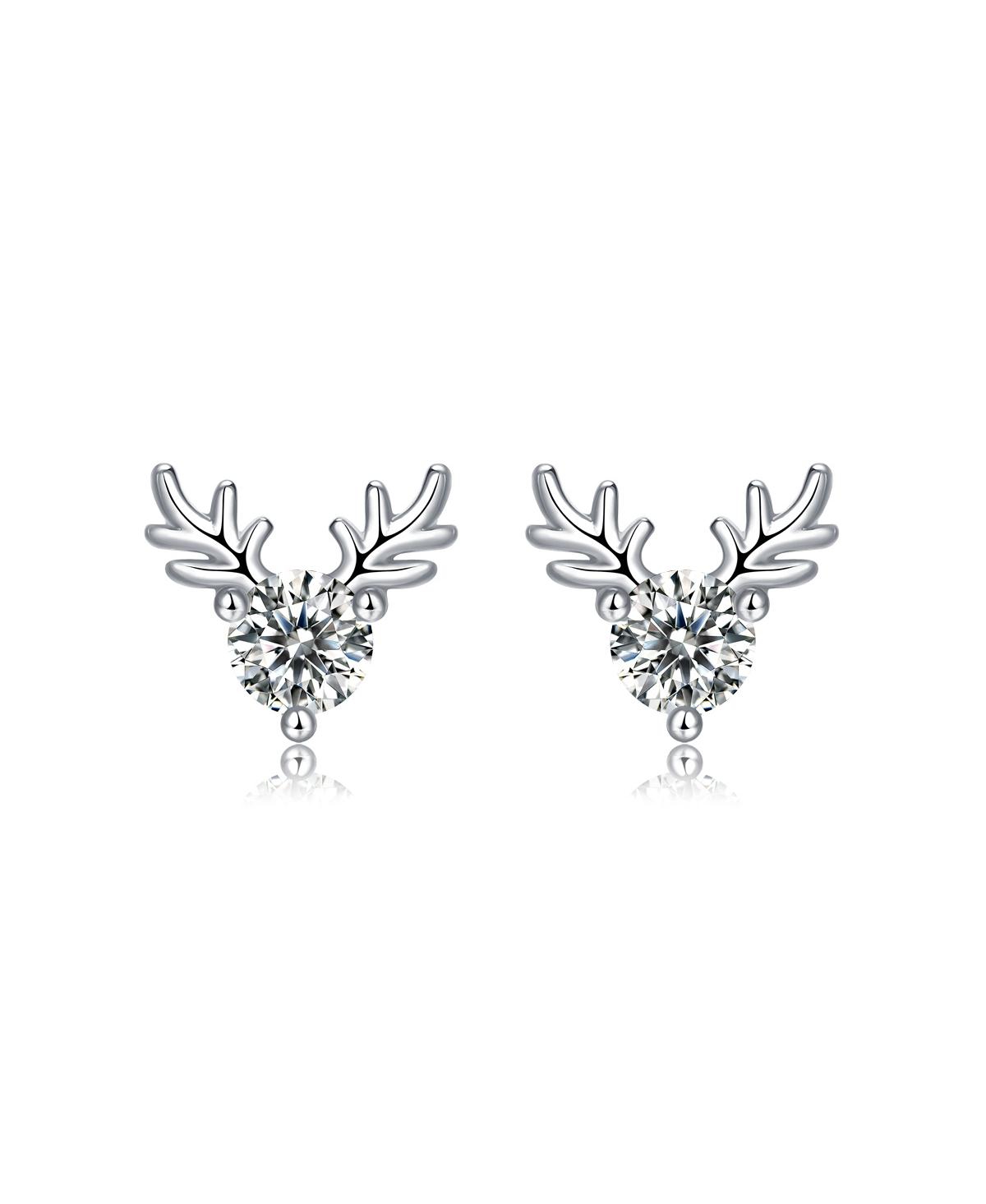 Sterling Silver White Gold Plated with 0.30ctw Lab Created Moissanite Antler Stud Earrings - Silver