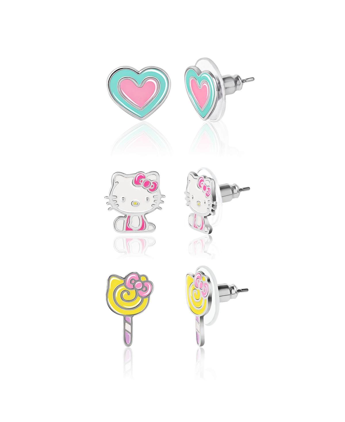 Sanrio Hello Kitty Heart, Lollipop Stud Earrings Set - 3 Pairs, Officially Licensed - Pink, blue, yellow