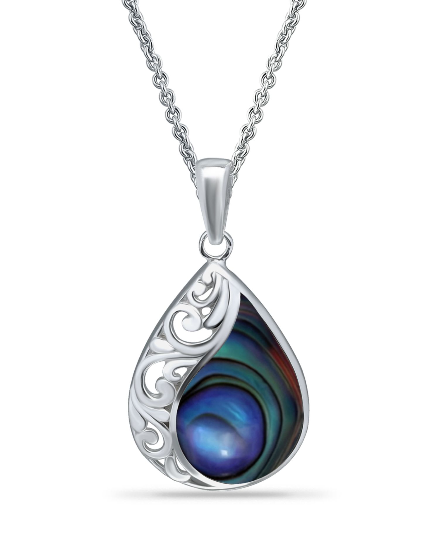 Abalone or Pink Shell Inlay Teardrop Filigree Pendant Necklace
