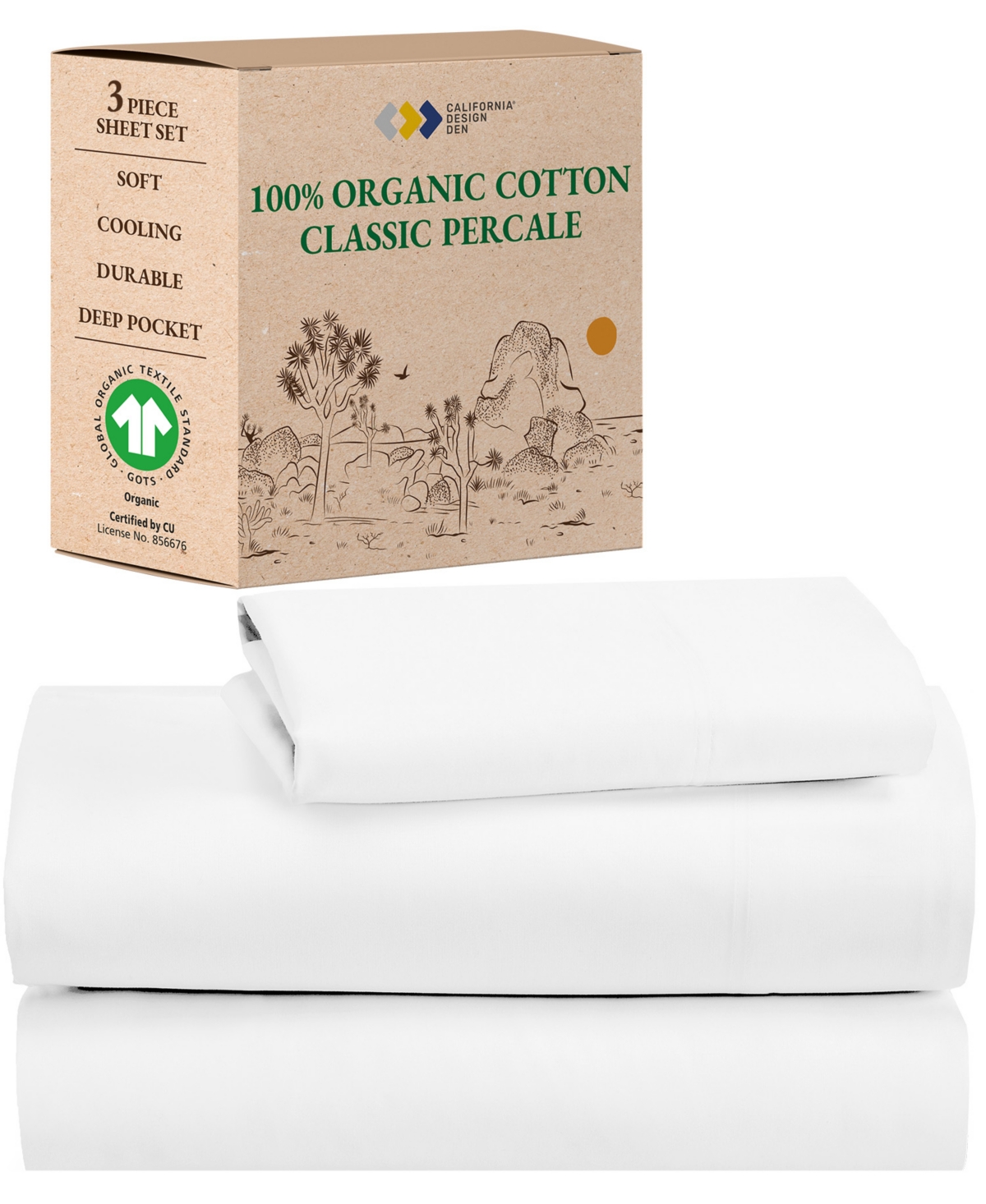 California Design Den Sheets Set, Gots Certified 100% Organic Cotton Percale, Bed Sheet by