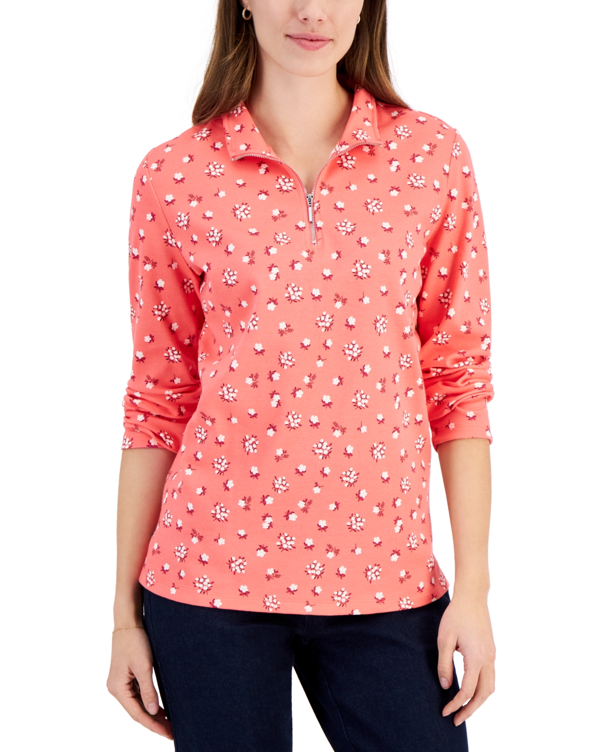 Women's Diana Daisy Printed Quarter-Zip Top, Created for Macy's - Peony Coral