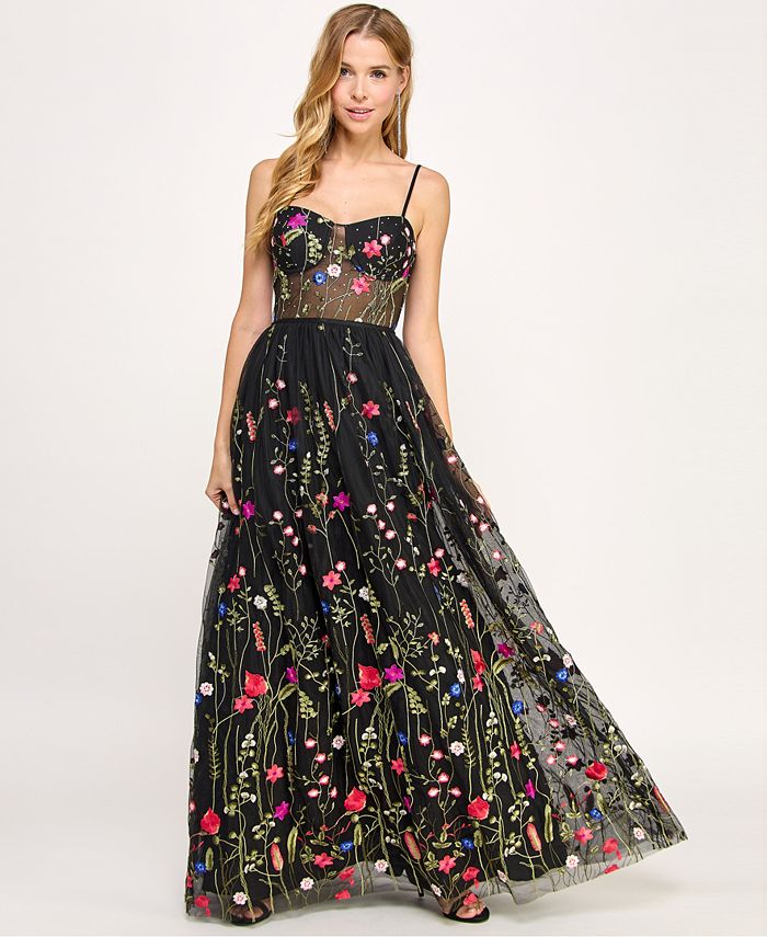 City Studios Juniors' Floral-Embroidery Illusion-Corset Gown, Created for  Macy's - Macy's