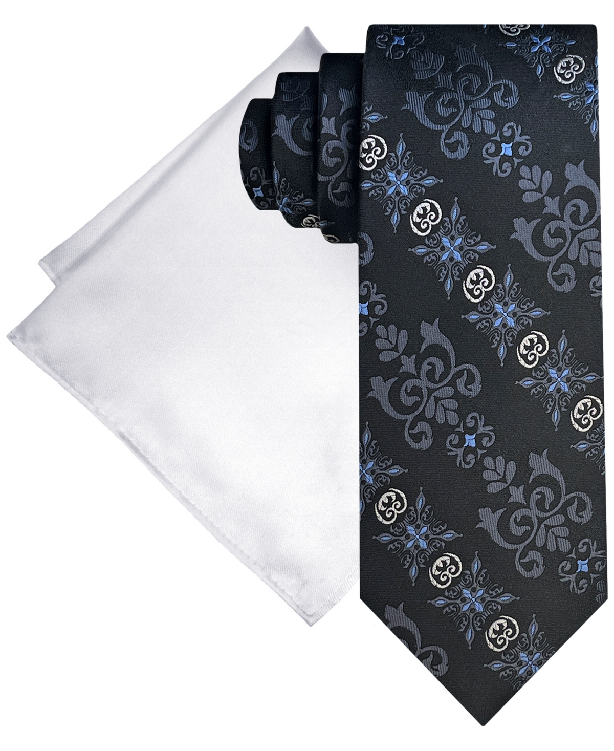 Men's Fancy Medallion Tie & Solid Pocket Square Set - Black