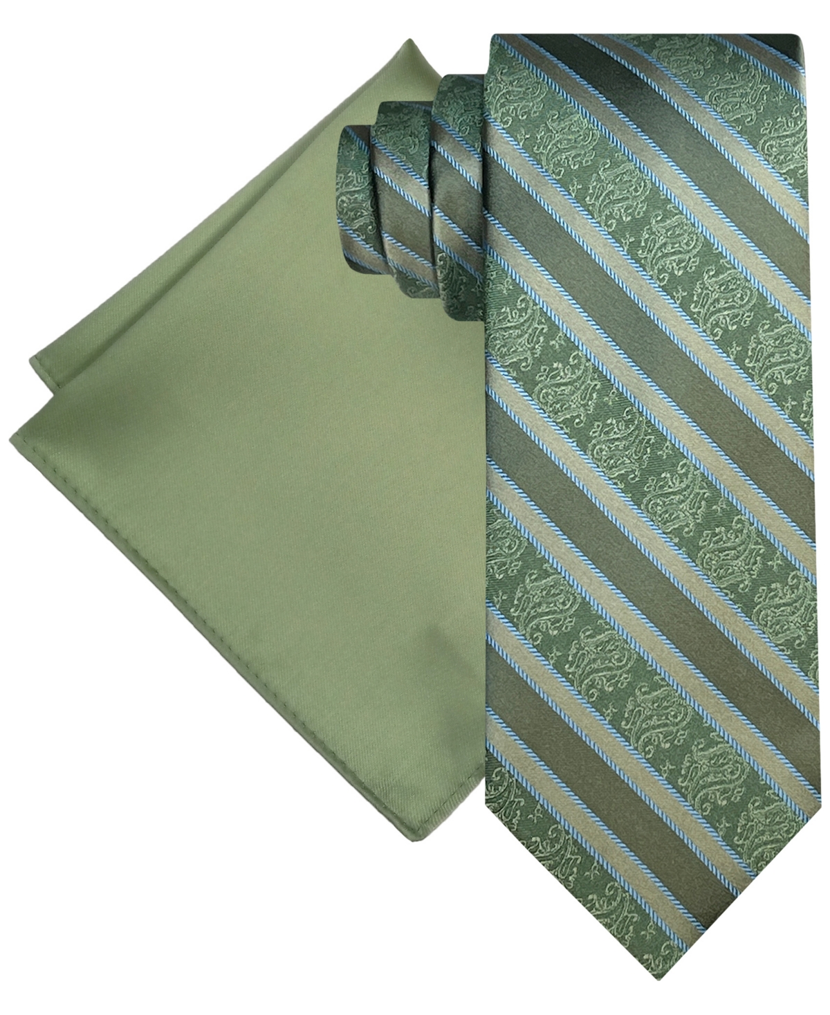 Men's Paisley Stripe Tie & Solid Pocket Square Set - Green