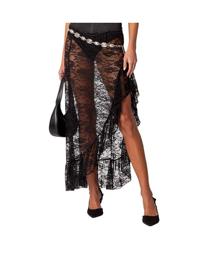 Lace ruffle mesh maxi skirt