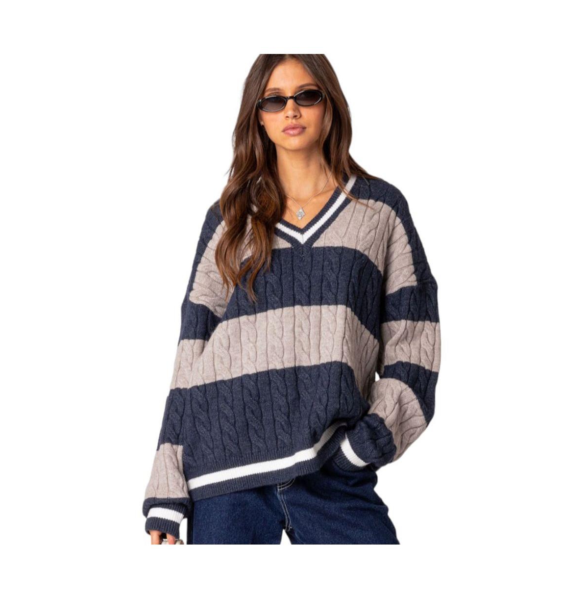 Women's Romie v neck cable knit sweater - Navy