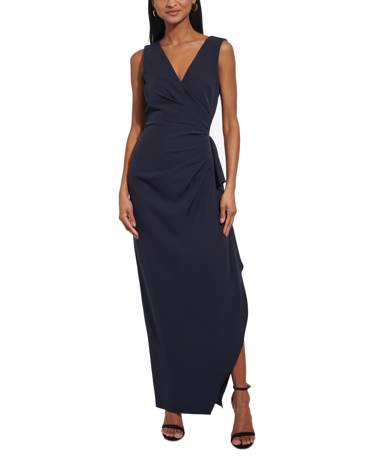 Vince Camuto Petite Gathered Side-slit V-neck Gown In Navy