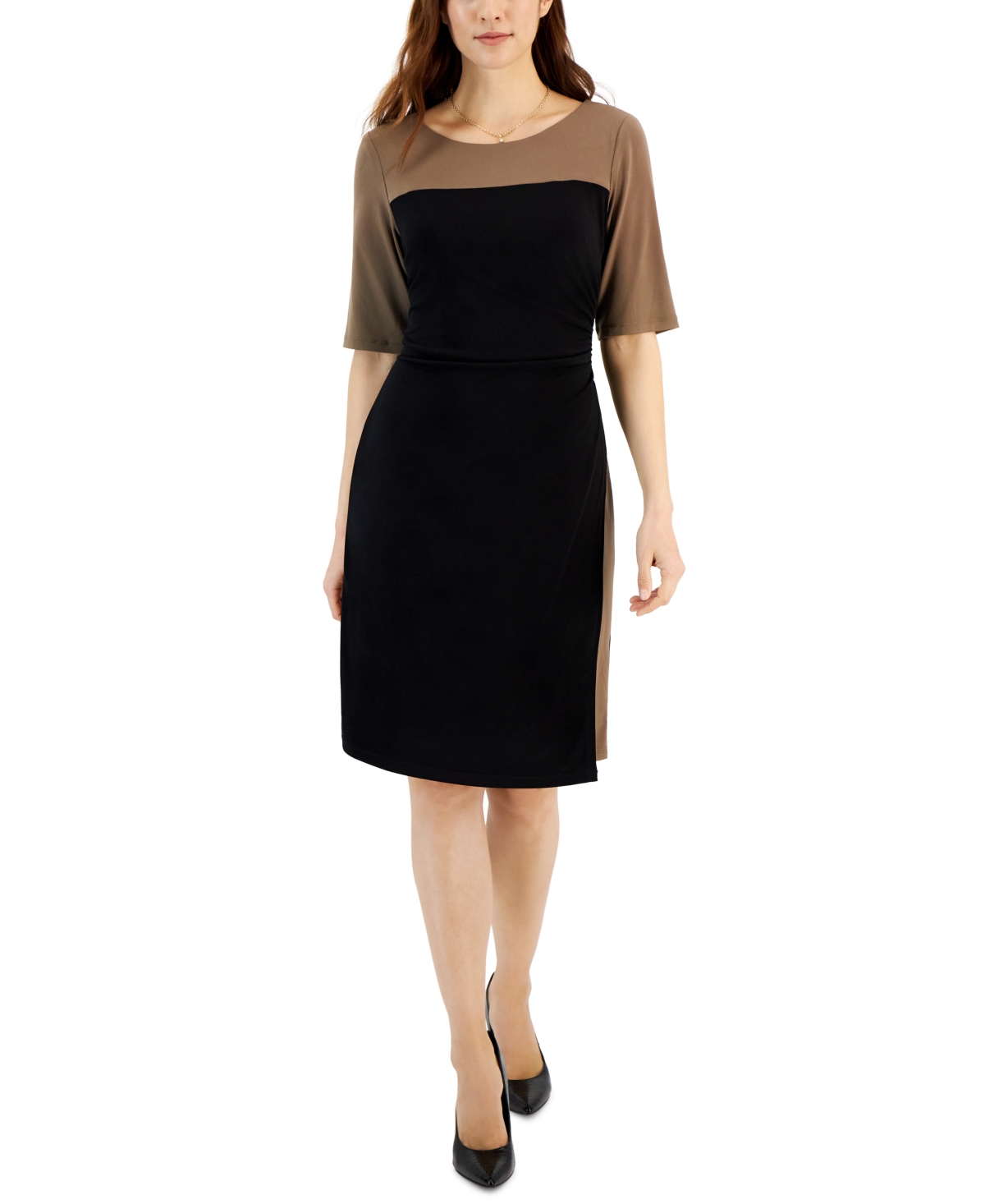 Women's Colorblocked Elbow-Sleeve Bateau-Neck Dress - DK Khaki/Black