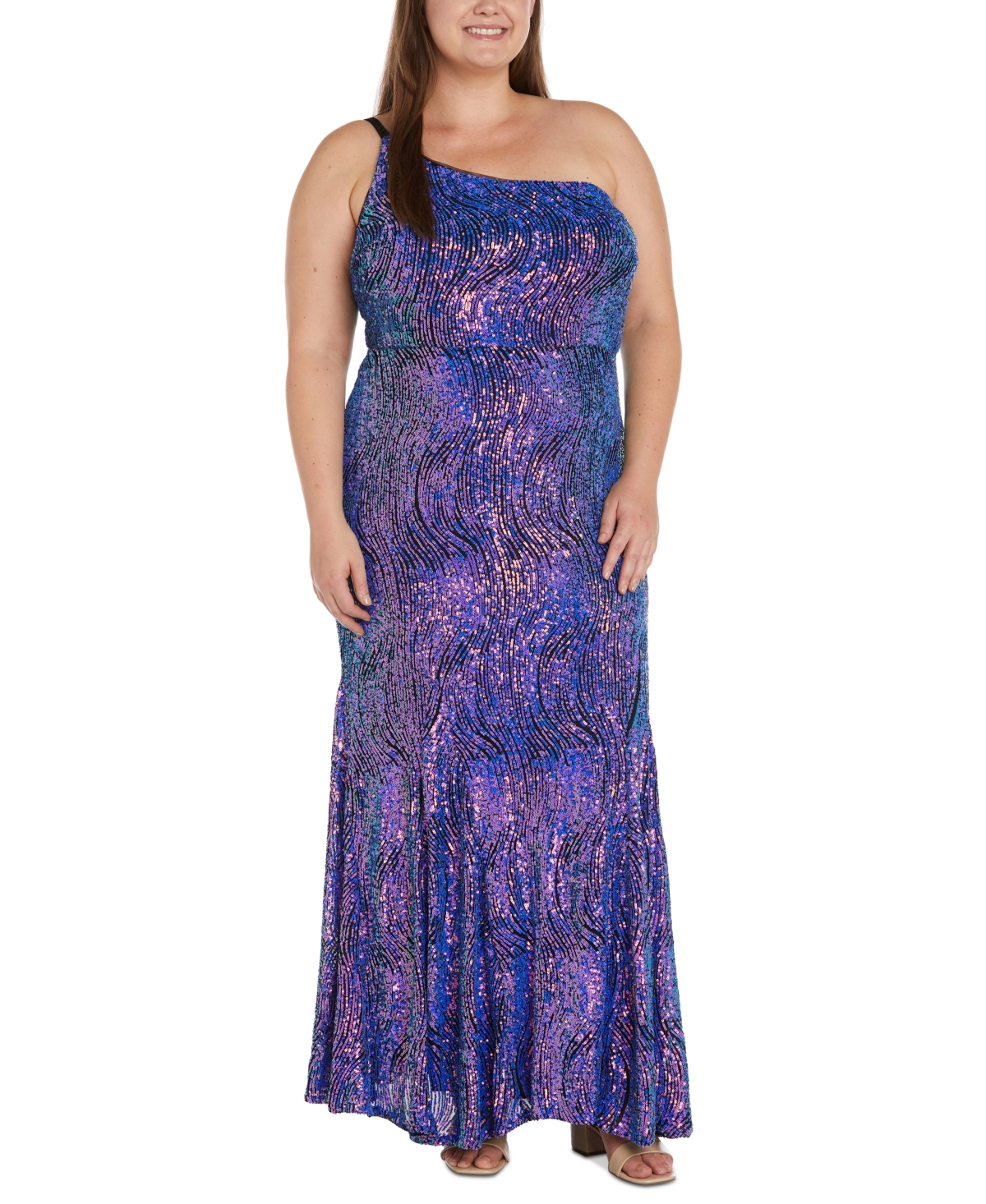 Trendy Plus Size Sequined One-Shoulder Gown - Black/Purlpe