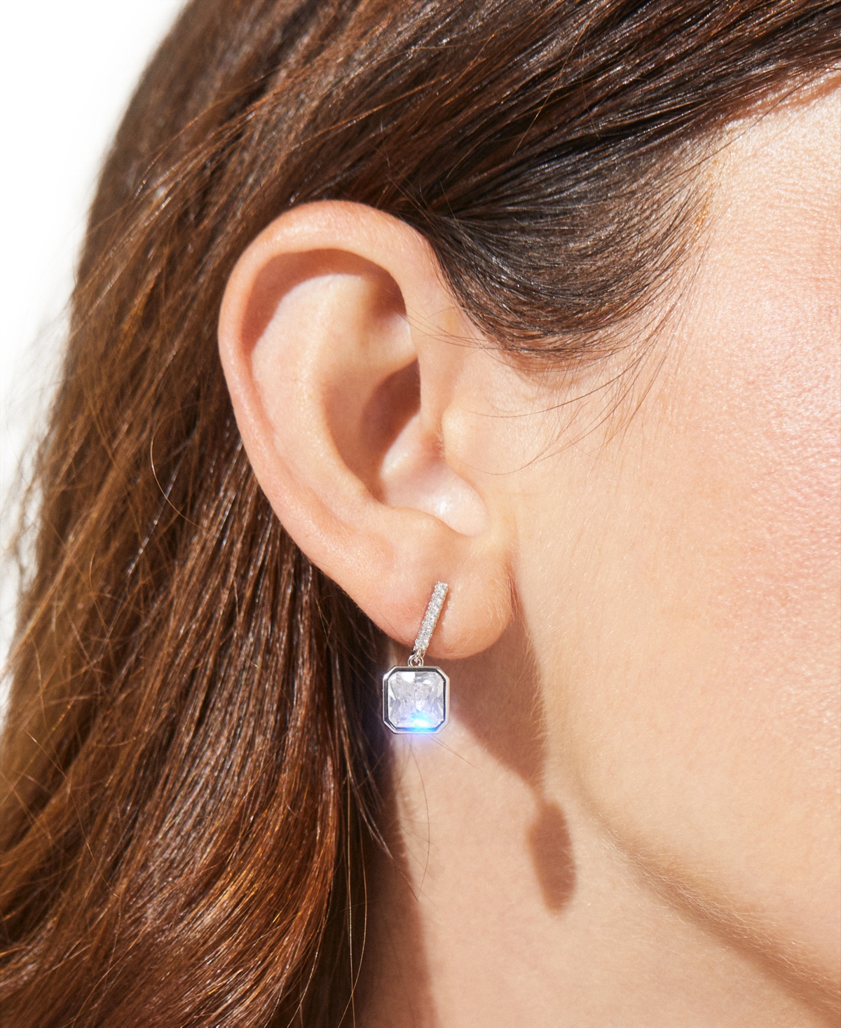 Shop Eliot Danori Silver-tone Radiant-cut Cubic Zirconia Charm J-hoop Earrings, Created For Macy's