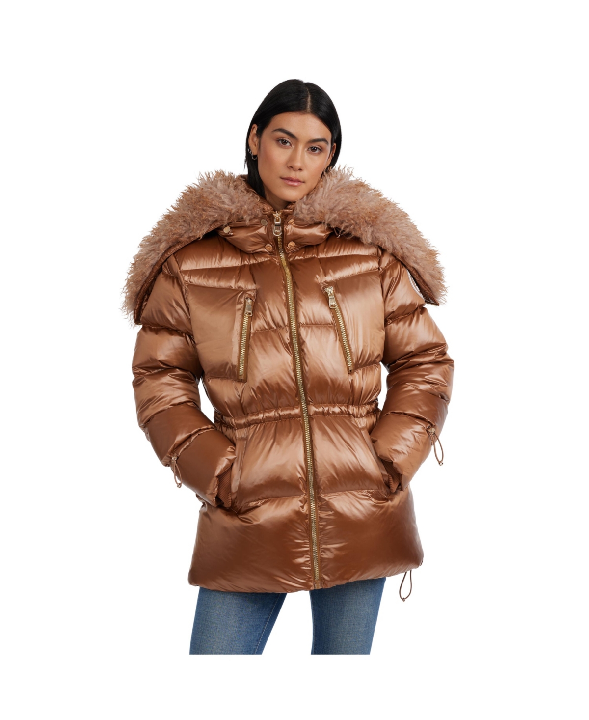 Pajar Electra Ladies Mid Puffer Coat With Detachable Sherpa Lined Split Hood In Copper