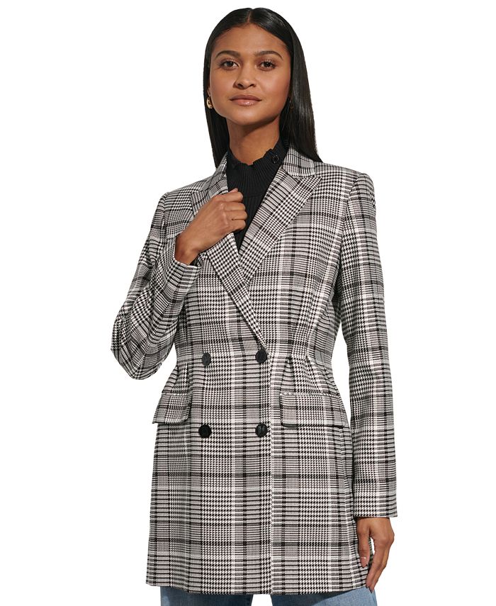 KARL LAGERFELD PARIS Women's Plaid Long Double-Breasted Blazer - Macy's