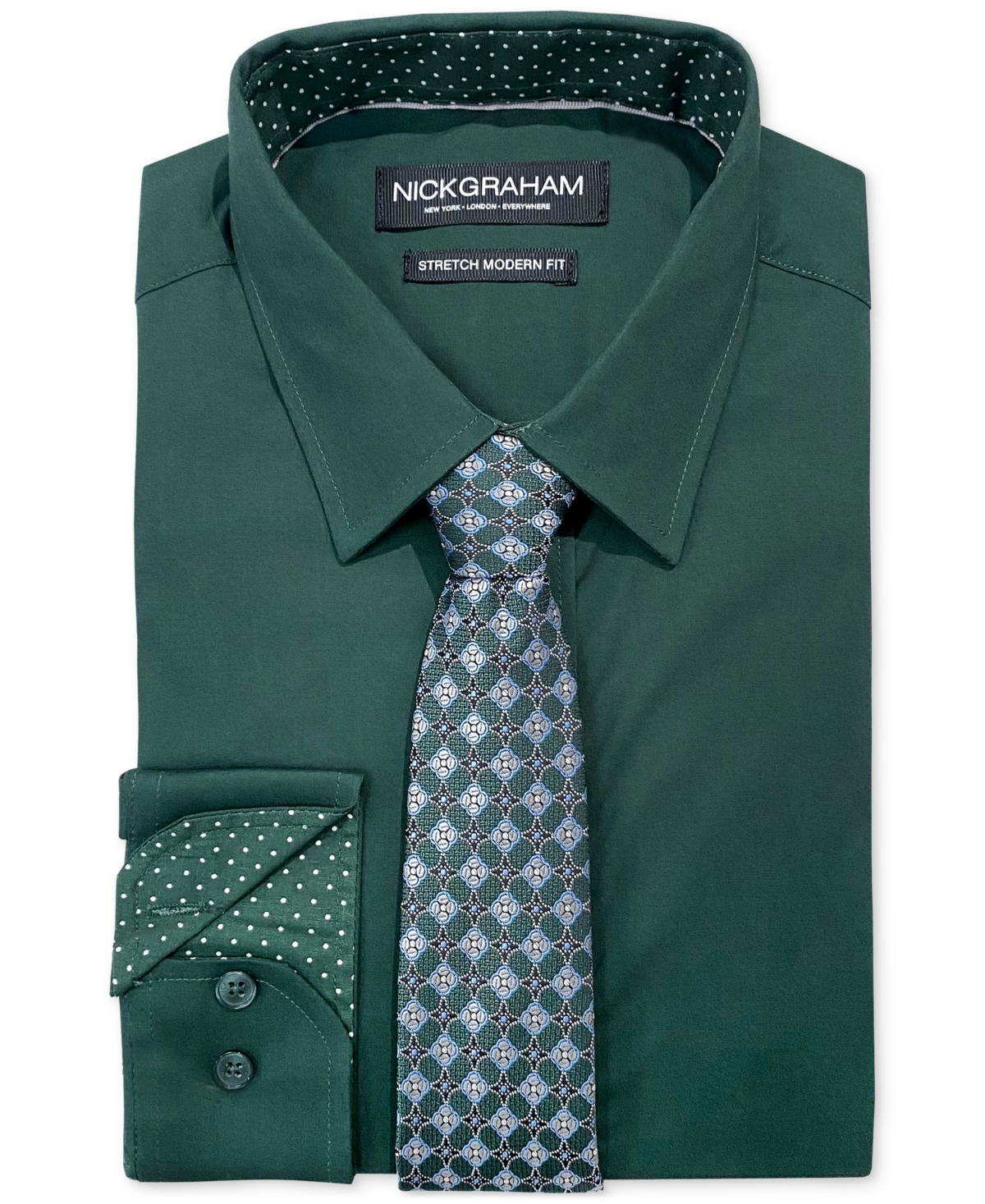 Men's Modern-Fit Stretch Dress Shirt & Tonal Plaid Tie Set - Hunter Green