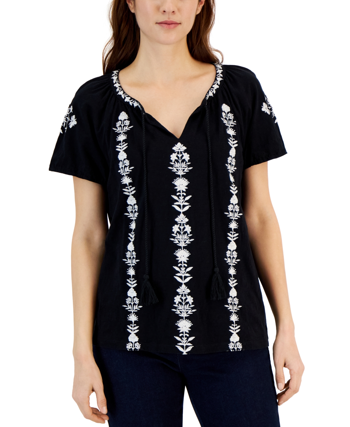 Shop Style & Co Women's Cotton Embroidered Peasant Top, Created For Macy's In Deep Black