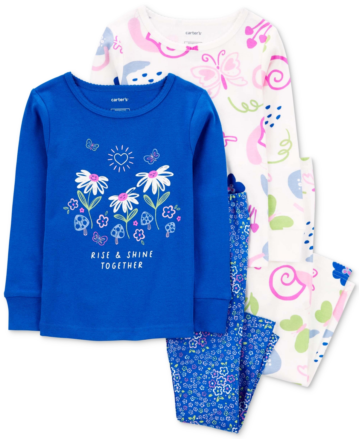 Carter's Babies' Toddler Girls Flowers And Butterflies 100% Snug-fit Cotton Pajamas, 4 Piece Set In Blue