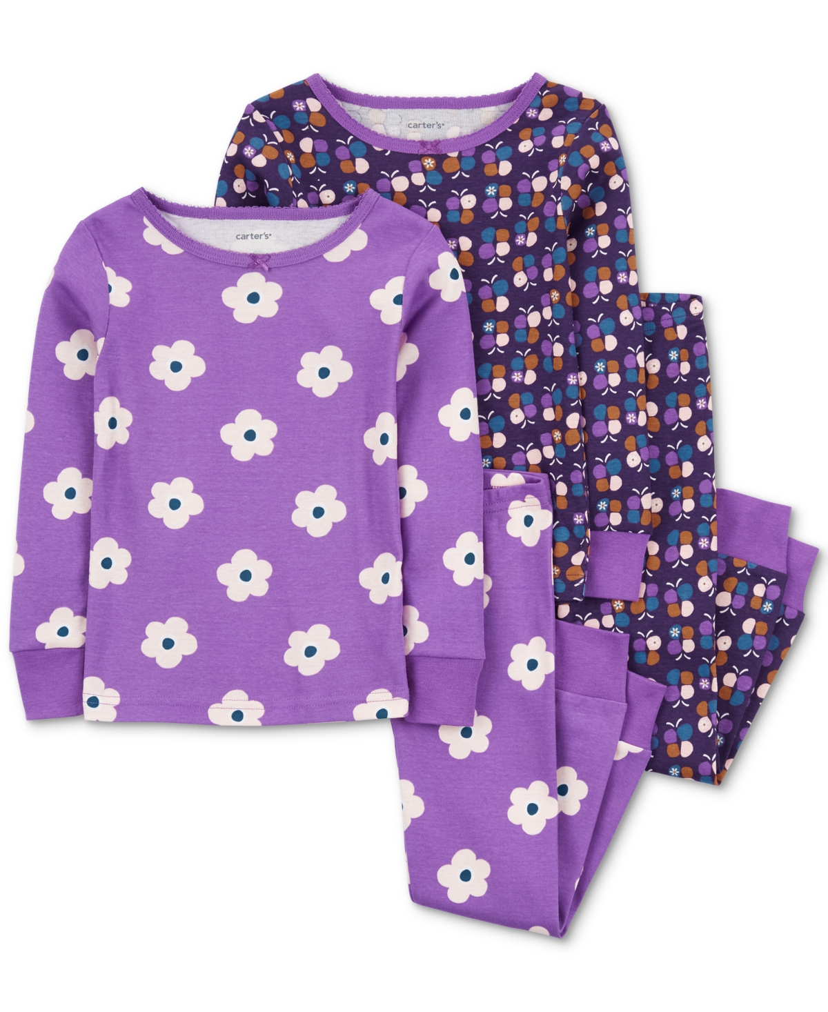 Carter's Babies' Toddler Girls Flowers And Butterflies 100% Snug-fit Cotton Pajamas, 4 Piece Set In Purple