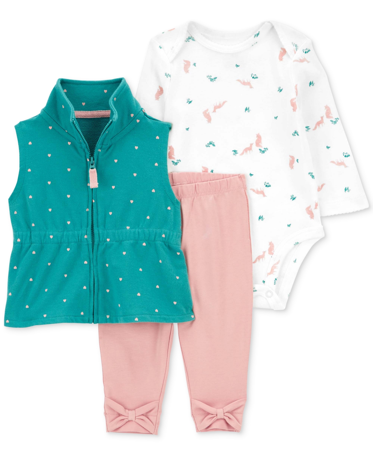 Carter's Baby Girls Cotton Little Vest, Fox-print Bodysuit And Bow Leggings, 3 Piece Set In Multi