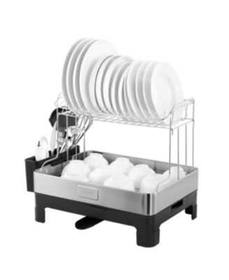 2 Tier Plastic Kitchen Dish Drying Rack with Lid Cover