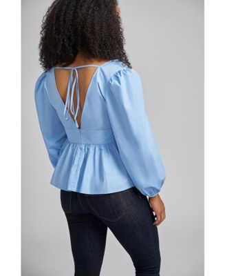 Olivia Balloon Sleeve Blouse with Inset Waist and Open Back with Tie Closure